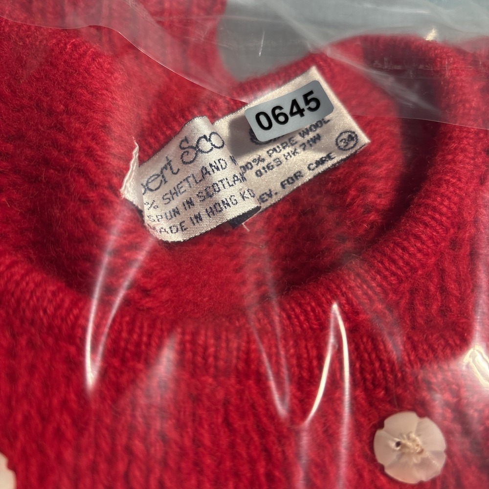 Robert Scott Red Shetland Wool Cable Knit Double Breasted Cardigan Sweater 34 - Picture 8 of 9